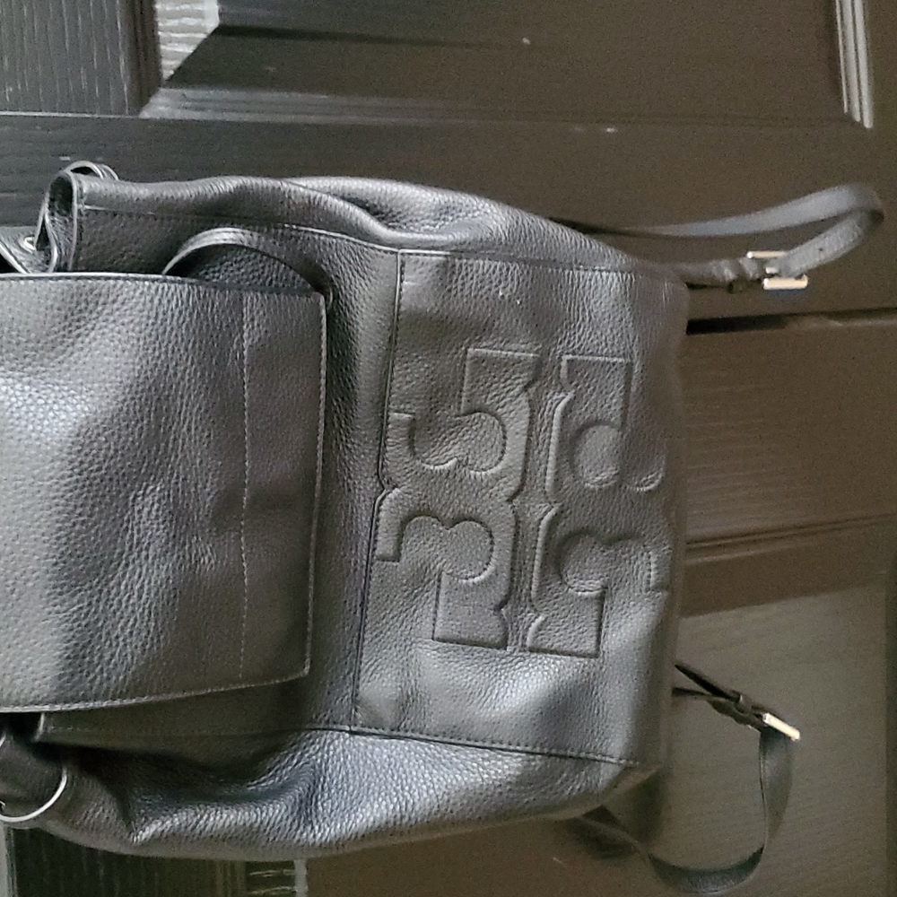 Tory Burch Black Leather Logo Backpack